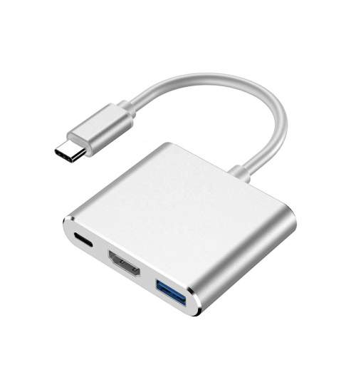 Adaptor multiport 3in1 USB-C la USB-C, HDMI si USB 3.0, cablu 15cm, argintiu