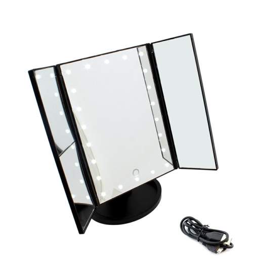 Oglinda Reglabila de Masa pentru Machiaj cu 3 Oglinzi Laterale Pliabile, Iluminate LED si Lupa Marire, negru