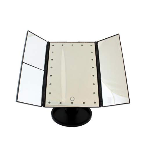 Oglinda Reglabila de Masa pentru Machiaj cu 3 Oglinzi Laterale Pliabile, Iluminate LED si Lupa Marire, negru