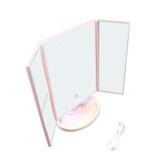 Oglinda Reglabila de Masa pentru Machiaj cu 3 Oglinzi Laterale Pliabile, Iluminate LED si Lupa Marire, roz