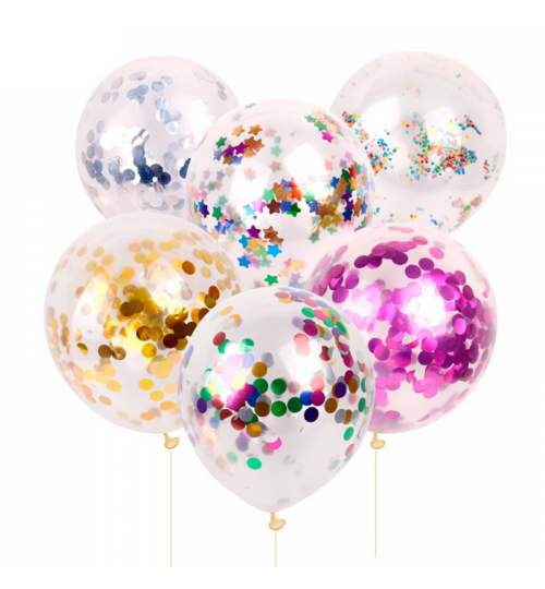 Set 5 baloane cu confetti, pentru petreceri sau evenimente, din latex, 33cm, transparent