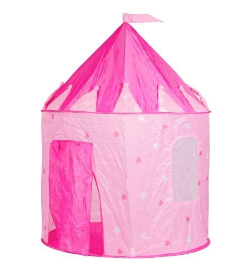 Cort de joaca pliabil tip castel pentru copii, cu usa si fereastra, 125x105cm, roz