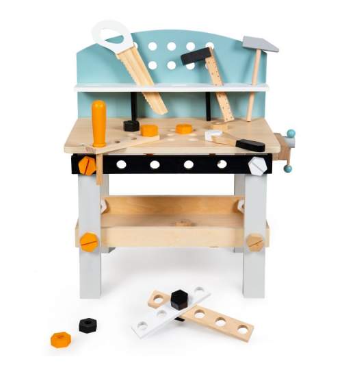 Jucarie mini atelier de lucru pentru copii, din lemn, cu scule si accesorii, 45x49cm, 32 piese