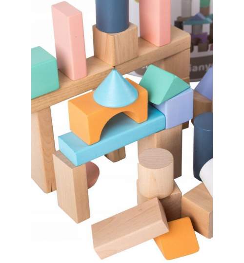 Set 50 Jucarii din Lemn EcoToys, Diverse Forme Geometrice, cu Galeata si Capac Sortator, Multicolor