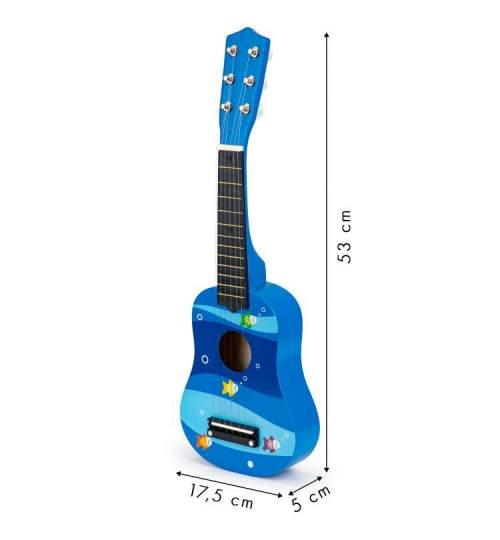 Chitara clasica din lemn pentru copii, cu 6 corzi metalice, 53cm, albastru