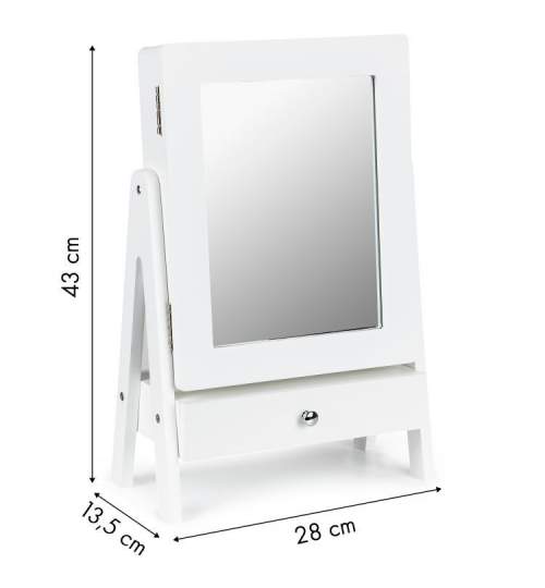 Dulap pentru bijuterii cu oglinda si sertar, 28x43cm, alb mat