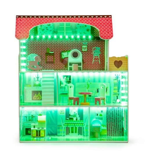 Jucarie Casa de Papusi pentru Copii, din Lemn, cu 3 Etaje, 5 Camere iluminate LED RGB cu Telecomanda si 8 Piese de Mobilier, 60x79 cm