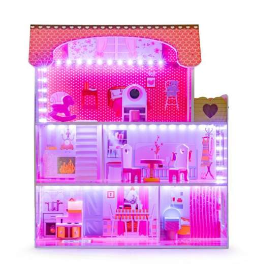 Jucarie Casa de Papusi pentru Copii, din Lemn, cu 3 Etaje, 5 Camere iluminate LED RGB cu Telecomanda si 8 Piese de Mobilier, 60x79 cm