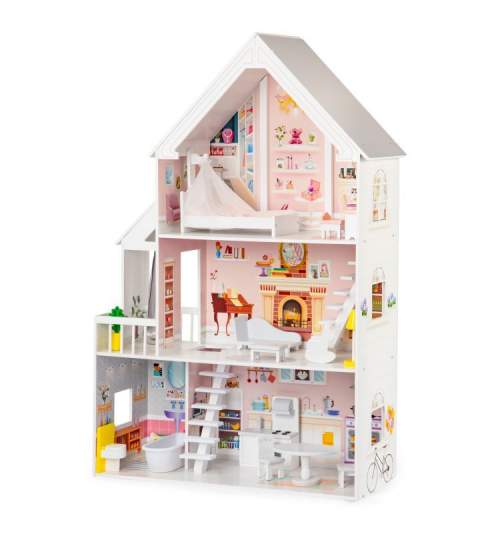 Jucarie Casa de Papusi XXL pentru Copii, din Lemn, cu 3 Etaje, 5 Camere si Piese de Mobilier, 81.5x126 cm