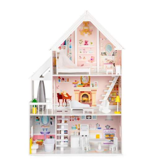Jucarie Casa de Papusi XXL pentru Copii, din Lemn, cu 3 Etaje, 5 Camere si Piese de Mobilier, 81.5x126 cm