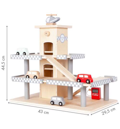 Jucarie Garaj auto pentru copii, din lemn, pe 3 nivele, cu lift, elicopter si 4 masinute, 43x44.5cm