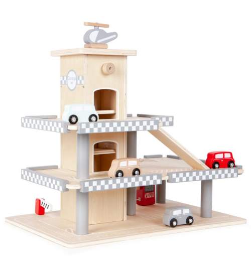 Jucarie Garaj auto pentru copii, din lemn, pe 3 nivele, cu lift, elicopter si 4 masinute, 43x44.5cm