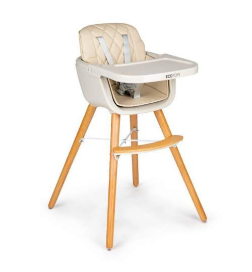 Scaun de masa inaltator pentru copii si bebe 2in1, cu centura de siguranta si picioare din lemn, culoare bej