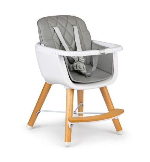 Scaun de masa inaltator pentru copii si bebe 2in1, cu centura de siguranta si picioare din lemn, culoare gri