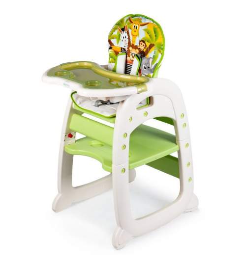 Scaun de masa inaltator pentru copii si bebe 2in1, cu centura de siguranta si spatar reglabil, verde