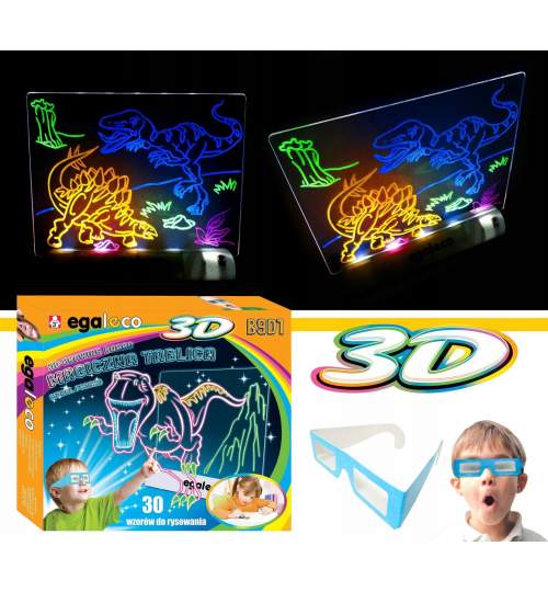 Tabla magnetica pentru desen 3D cu iluminare LED, ochelari, 15 sabloane desen, multicolor
