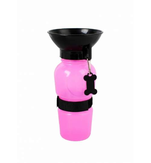 Sticla cu Bol de Apa pentru Caini si Pisici, capacitate 0.5L, culoare Roz