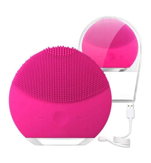 Dispozitiv pentru curatare faciala si masaj, rezistent la apa, alimentare USB, roz
