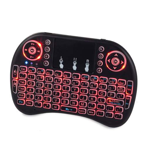 Mini Tastatura Wireless QWERTY Iluminata, cu Touchpad, pentru PC, TV, PlayStation sau Smartphone, baterie 1020mAh, raza 10m