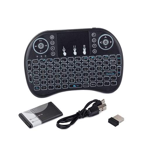 Mini Tastatura Wireless QWERTY Iluminata, cu Touchpad, pentru PC, TV, PlayStation sau Smartphone, baterie 1020mAh, raza 10m