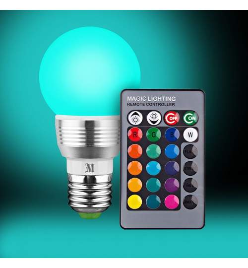Bec Inteligent Smart Magic Lighting LED RGB Multicolor cu Control si Schimbarea Culorilor din Telecomanda cu Diverse Functii, 10W E27