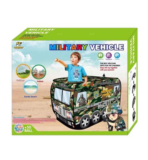 Set Cort de joaca pentru copii pliabil tip vehicul militar, cu 50 bile multicolor, 112x67x72cm