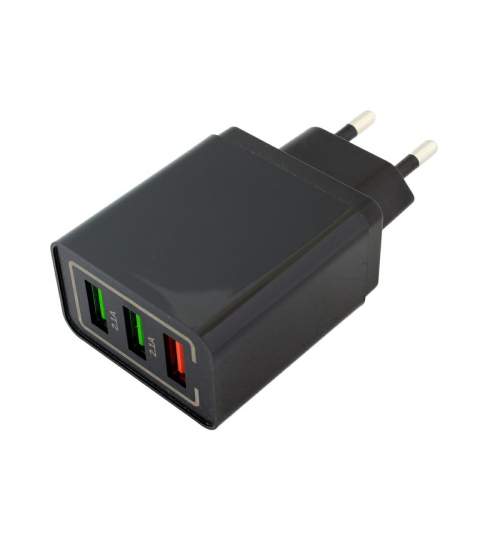 Adaptor priza incarcator retea Quick Charge cu 3 porturi USB, 2.4 A, negru