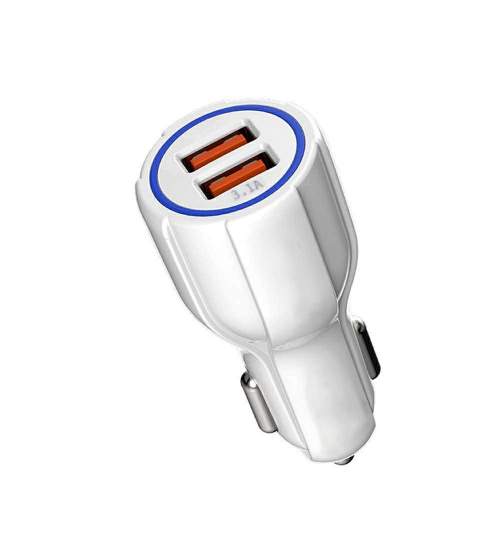 Incarcator Auto Fast Charge cu 2 porturi USB, 3.1A, 12-24V, culoare alb