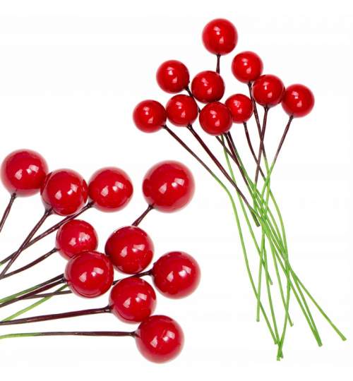 Set Fructe de Padure artificiale Red Berries Decoratiune pentru Brad de Craciun, diametru 12mm, 10buc