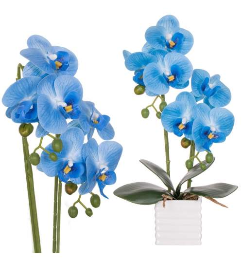 Aranjament Floral Orhidee Artificiala in Ghiveci cu 2 Tulpini, Aspect Natural, inaltime 37 cm, Culoare Albastru