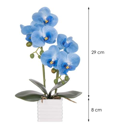 Aranjament Floral Orhidee Artificiala in Ghiveci cu 2 Tulpini, Aspect Natural, inaltime 37 cm, Culoare Albastru