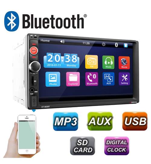 MP3 Player Universal 2DIN Auto cu Radio FM, Touchscreen Display 7 inch, Telecomanda, Bluetooth, USB, MicroSD, Putere 4x45W, Vordon