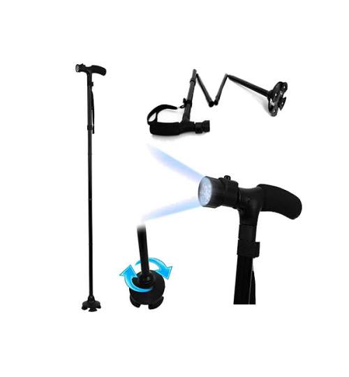Baston de sprijin telescopic pliabil, cu picior pivotant 360 grade, iluminare LED, 85-97 cm, negru