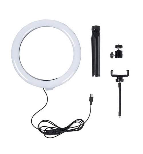 Lampa LED Rotunda Selfie Ring cu trepied, suport telefon, 3 trepte de lumina, 10 nivele de intensitate, diametru 26 cm