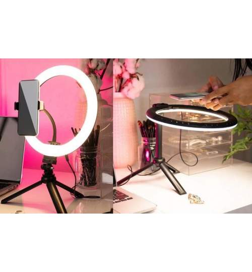 Lampa LED Rotunda Selfie Ring cu trepied, suport telefon, 3 trepte de lumina, 10 nivele de intensitate, diametru 26 cm