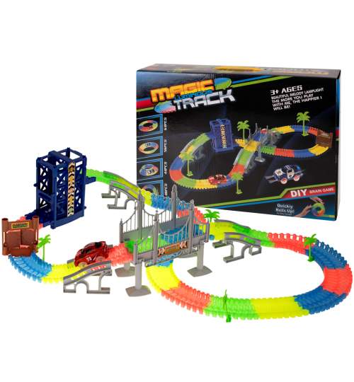Set joc pista de masini flexibila luminoasa pentru copii, cu 1 masina, poduri si elevator, 211 elemente