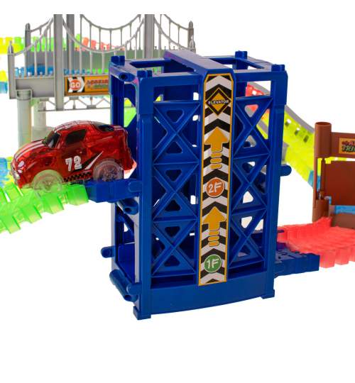 Set joc pista de masini flexibila luminoasa pentru copii, cu 1 masina, poduri si elevator, 211 elemente