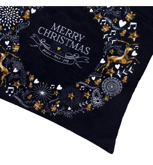 Fata de Perna Decorativa de Craciun, model Merry Christmas - peace, love, joy, dimensiune 40x40, negru/auriu
