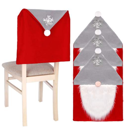 Husa decorativa pentru spatar scaun, model Mos Craciun, 68 x 48cm, culoare rosu/gri