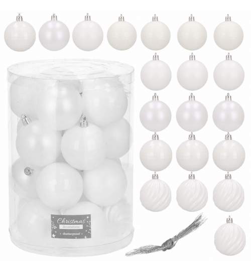 Set 20 Globuri de Craciun pentru Brad cu agatatori, din Plastic, diametru 6 cm, alb