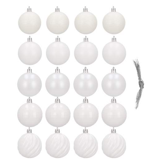 Set 20 Globuri de Craciun pentru Brad cu agatatori, din Plastic, diametru 6 cm, alb