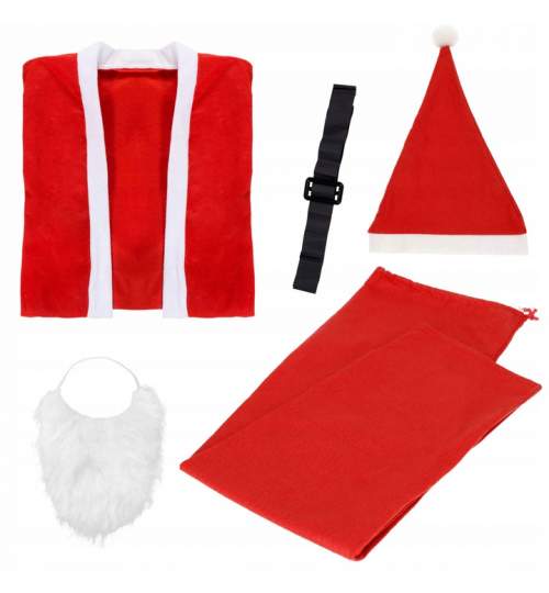 Costum de Mos Craciun pentru adulti, cu caciula, curea si barba alba, material flausat, 5 piese