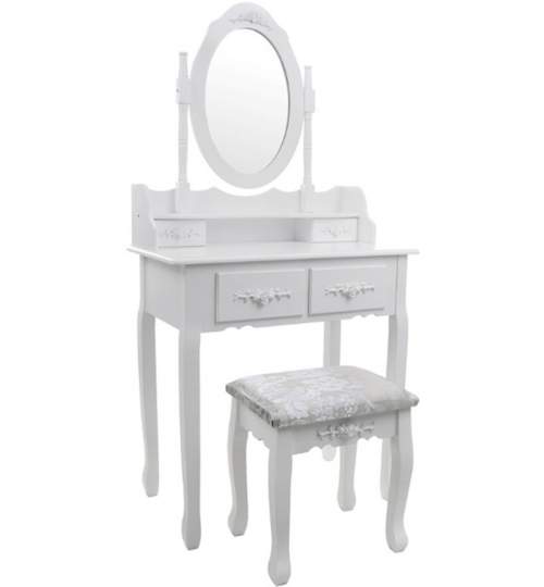 Set Masa de Toaleta Eleganta pentru Machiaj cu Oglinda Ovala, 4 Sertare si Scaun Tapitat, Culoare Alb