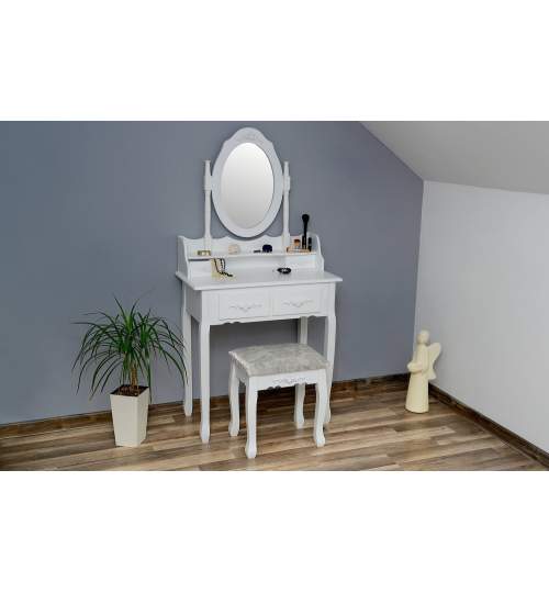 Set Masa de Toaleta Eleganta pentru Machiaj cu Oglinda Ovala, 4 Sertare si Scaun Tapitat, Culoare Alb