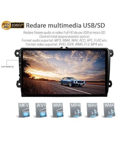 Unitate Multimedia Auto 2DIN cu Navigatie GPS, Touchscreen HD 9” Inch, Android, Wi-Fi, BT, USB, Skoda Fabia 2 II 2007+