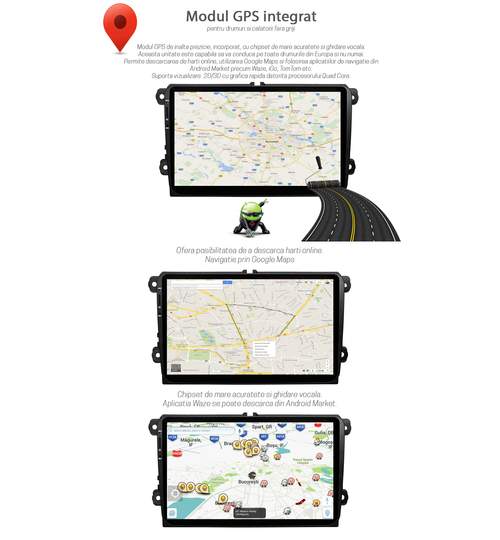 Unitate Multimedia Auto 2DIN cu Navigatie GPS, Touchscreen HD 9” Inch, Android, Wi-Fi, BT, USB, Skoda Octavia 2 II