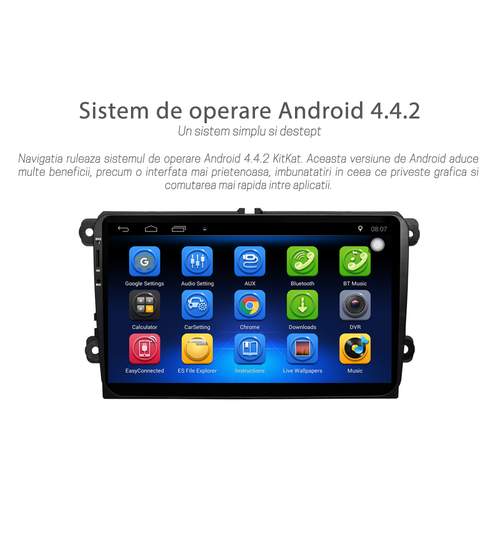 Unitate Multimedia Auto 2DIN cu Navigatie GPS, Touchscreen HD 9” Inch, Android, Wi-Fi, BT, USB, Skoda Superb 2 II 2007+