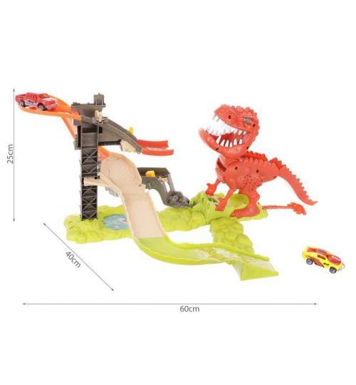 Set pista de curse pentru copii cu 2 masinute si lansator, tip Dinozaur, 13 piese