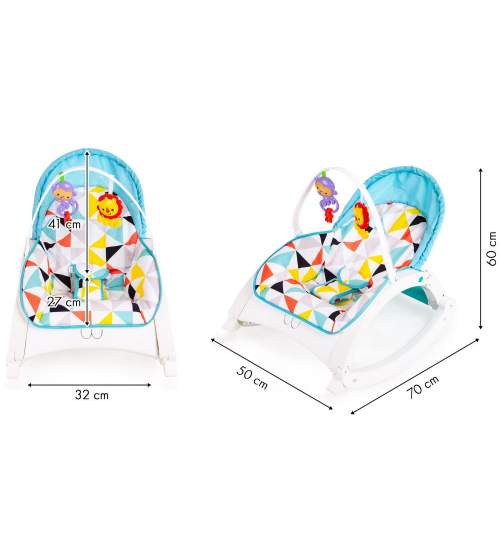 Scaun tip balansoar 3in1 pentru bebelusi, cu centura de siguranta, sunete si vibratii, 60x70x50 cm