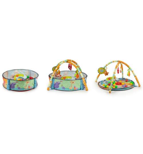 Tarc de joaca pentru copii tip piscina 3in1, cu 30 bile multicolor si 6 jucarii, 74x52cm